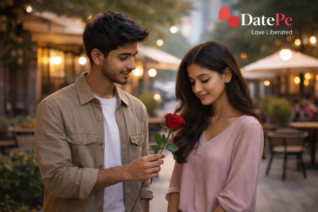 A young Indian couple sharing a thoughtful moment on Rose Day as a man offers a single red rose, symbolizing modern love where emotional gestures matter more than gifts.